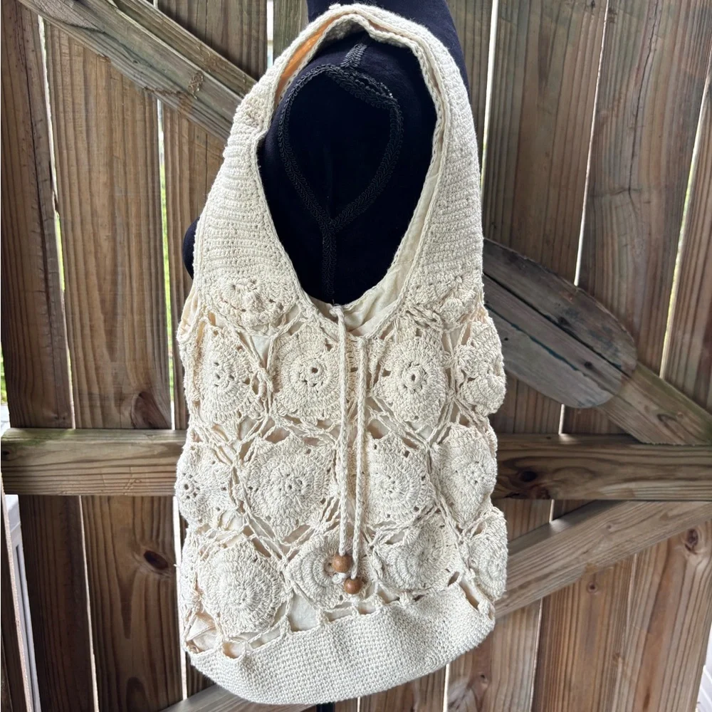 Granny Squares Crochet Fully Lined Ivory Tote Shoulder Bag - Picture 1 of 8
